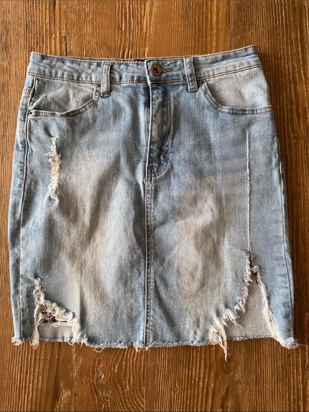 Wax Jean Light Blue Distressed Denim Mini Skirt with Frayed Hem